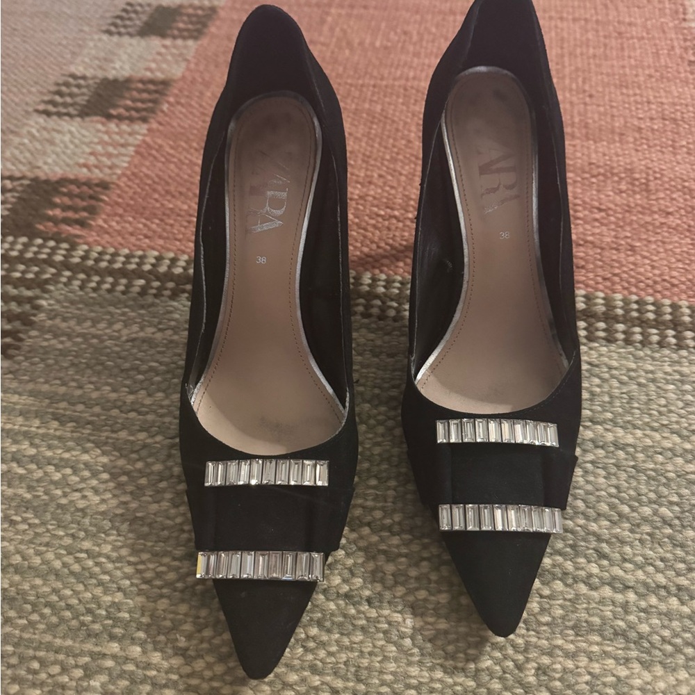 Zara Black Pointed Toe Crystal-Trim Pumps